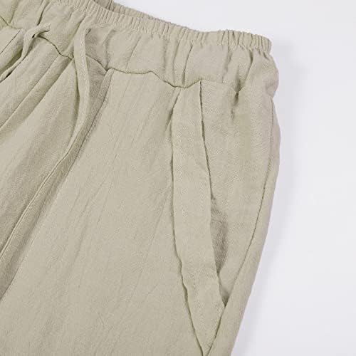 Panенски памучни постелнини панталони Обични, летни плажа влечење тенок фит палацо еластична половината исечени фустани панталони
