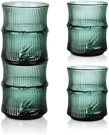 Џојан Мали Стаклени Чаши Со Сок Од Вода, Ребрести Кујнски Стакларија, Зелени Врежани Чаши За Пиење, Украсни Чаши За Редење Со Бамбус, Комплет од 4,8, 5 мл, Безбедна Маши