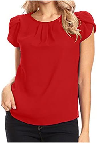 Женски цврсти шифони врвови 2023 маици со краток ракав летен круг на вратот Обичен маичка обична фустана блуза удобна маица