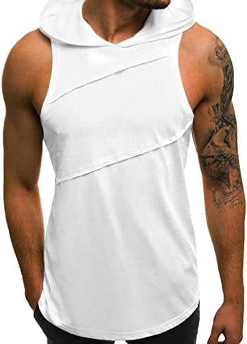 Венкомг1 машка резервоар со качулка врвот цврста боја без ракави, трендовски фитнес спортска маица