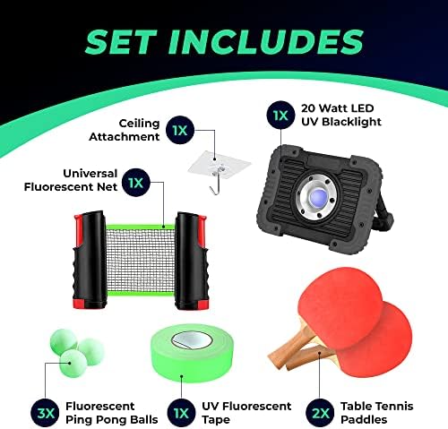 Midnite Match Blacklight Ping Pong Set, сјај во темниот пинг понг, тенис на табела за светло на поплави, неонски пинг -понг, приврзаност на таванот