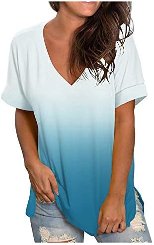 Женска обична летна маица со кратки ракави со кратки ракави на вратот, лабав вклопат блузи врвови 2023 модни кошули