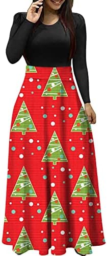 Женски карирани долги ракави империја половината на половината со целосна должина макси фустан Божиќна вечер забава коктел фустани со џебови