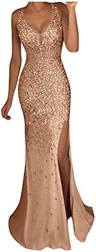 Women'sенски Sequin V вратот Slit Maxi Prom Fasure 2023 летни вечерни забавни фустани формални фустан со должина на подот