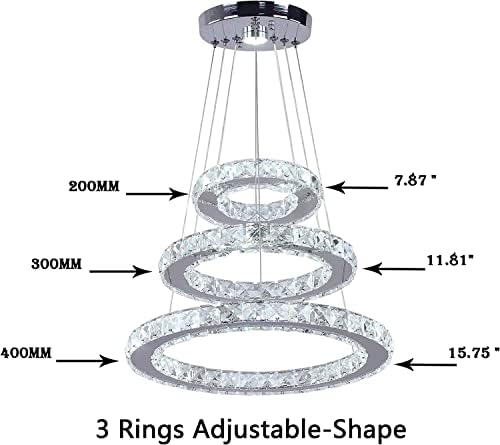 3 прстени кристално лустер, модерна LED тркалезна педант осветлување од не'рѓосувачки челик прилагодлива таванска светлина за дневна