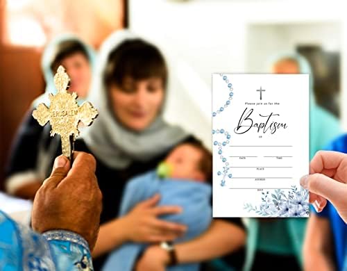Покани за крштевање Со Пликови, Бохо Цветен Туш За Бебиња Поканува Картички, Сина Бројаница Цвет Прва Покана За Причест, Прослава На Верска Церемонија