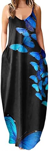 Zpervoba Обични макси фустани за жени летни фустани со џебови во боја блокада против вратот шпагети ленти со долги фустани