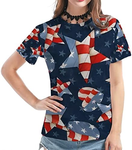 Женски патриотски маици Денот на независноста Starвезда Стрип печатена летна летна обична врата со кратки ракави за кратки