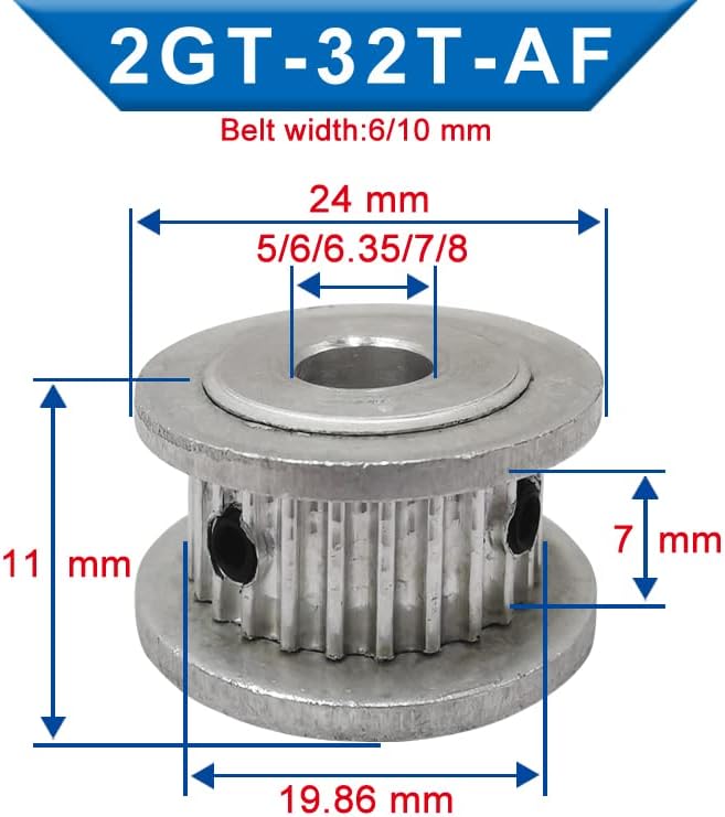 6PCS GT2-32T дистрибуција на макара Внатрешна дупче 5/6/6/6.35/7/8 мм ширина на тркалото алуминиумска макара 7/11 мм погоден за временски