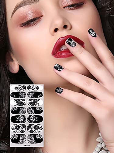 Ебанку 12 чаршафи црни бели нокти полски ленти обвивки, целосни налепници за лепило за нокти со 1 датотека за нокти, остава налепници за нокти