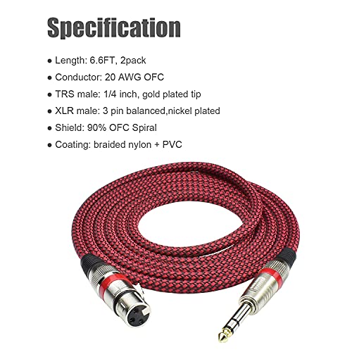 Mugteeve 1/4 TRS до XLR Femaleенски кабел адаптер избалансиран, 6,6ft стерео четвртина инчи TRS до XLR микрофон кабел, најлонски плетенка,