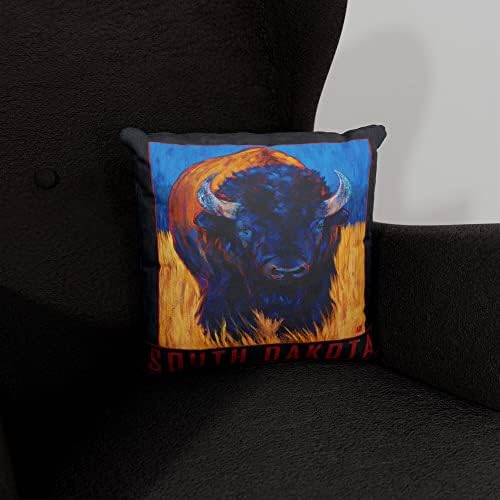 Јужна Дакота осамена бизонска платно фрли перница за кауч или софа дома и канцеларија од нафта сликарство од уметникот Кари Лер 18 x 18.