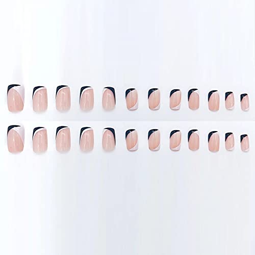 Мерф Плоштад Прес на нокти Средно лажни нокти Француски врв Црна бела акрилна акрилна нокти 24 парчиња сјајно лепак на ноктите за жени и девојчиња