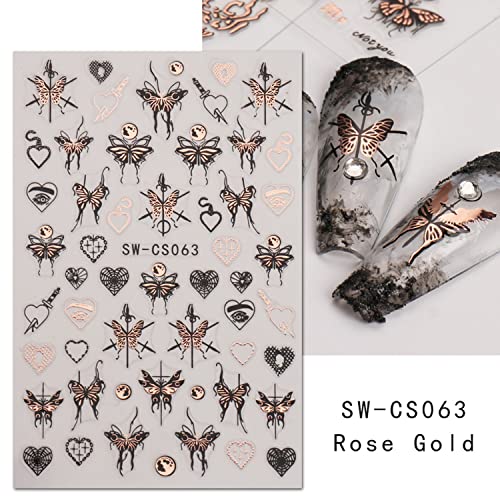 Пеперутка нокти налепници за уметност декорации пролетни украси за нокти, пеперутка месечина срце, терен стил течен ефект дизајн сребро розово злато сјајно украси