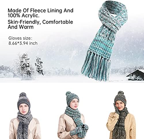 Зимска зимска топла гравче шамија и ракавици на допир на екранот на допир поставени за женски черепи капачиња на вратот со руно наредени
