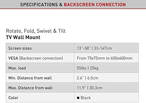 Баркан 13-58 инчи целосно движење - 4 Движење ТВ wallид монтирање 55 фунти црно континуирано управување со кабел за навалување 5