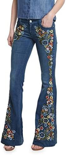 Женски фармерки на дното на bellвонче 2022 модни модни панталони со високи половини, цветни украсени фармерки од светлина на половината