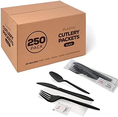 250 Пластични Прибор За Јадење Пакети-Нож Вилушка Лажица Салфетка Сол Бибер Сетови | Црна Пластични Сребрени Сетови Поединечно Завиткани