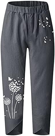 Обични панталони со капри за жени летни памучни постелнина панталони цветни печати лабави спортови панталони со џебови