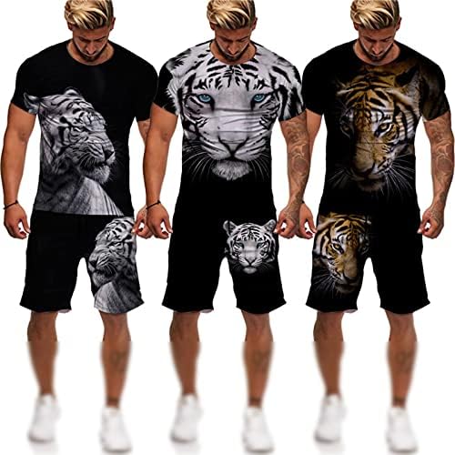 Летна тигар 3Д печатење машка маица+шорцеви костуми за џогирање на спортска облека за животински образец со две парчиња спортска облека