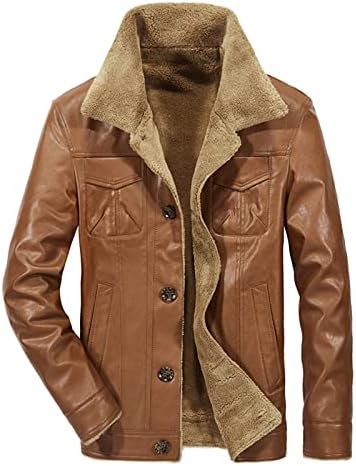 Гроздобер кожена јакна од машка руно руно Шерпа, обложена бомбашка јакна Зимска пупска моторцикл јакна копче надолу топли палта