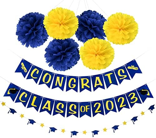 Сини И Жолти Украси За Забави За Дипломирање 2023 Година, Класа За Честитки Од 2023 Година Банер Сина И Жолта Класа На Банери За Дипломирање