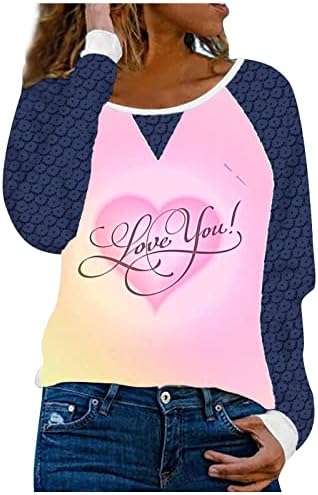 WordArt Те сакам врвови женски модни кошули со долг ракав тинејџерски девојки симпатична розова срцева графичка тунична маица чипка чипка