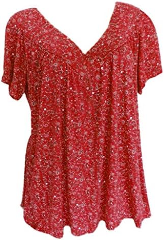 Преголема маица за жени фустани цветни печати ручани врвови на туники против вратот кратки ракави маички лабави вклопувани обични блузи