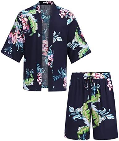 Коофанди машка 2 парчиња облека со лесна тежина Кимоно кардиганска јакна постави хавајски кошула на плажа со шорцеви
