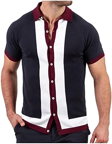 Врвови за машка плетена блуза, копче за блокирање на боја надолу, кратки ракави со кратки ракави, тенок вклопуван случајни кошули КАРДИГАН КАРДИГАН