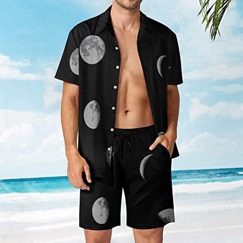 Месечината фаза машки хавајски кошули со кратки ракави со кратки ракави и панталони летни облеки на плажа лабаво вклопување на тренерки