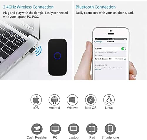Alacrity Bluetooth баркод скенер преносен 1D USB ласерски мини бар-код читач 3-во-1 Bluetooth & USB жичен и 2.4G безжичен скенер