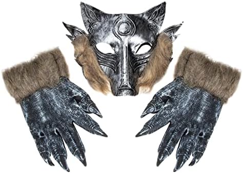 Aboofan fursuit Paws Волк глави маски и канџи поставени хорор маски за Ноќта на вештерките, партиски костум, костум на костуми, волчица, облечени