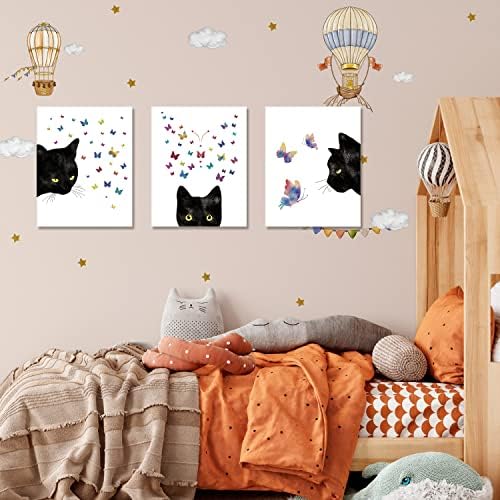 Кајрна црна мачка wallидна уметност разнобојна уметност во пеперутка, сет од 3 маче постерно виножито писе декор, сликарство, модерна wallидна