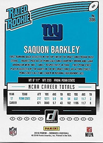Saquon Barkley 2018 Donruss Short Printed Mint Rateed Rociie Card 306 Сликајќи го овој избор на нацрт 2 NFL во неговиот Jerseyерси