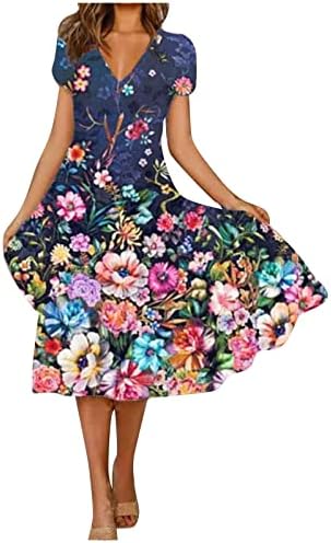 Фустани за кратки ракави на Nokmopo за жени 2023 летен летен моден цветен принт краток ракав за вртење со врат V-вратот