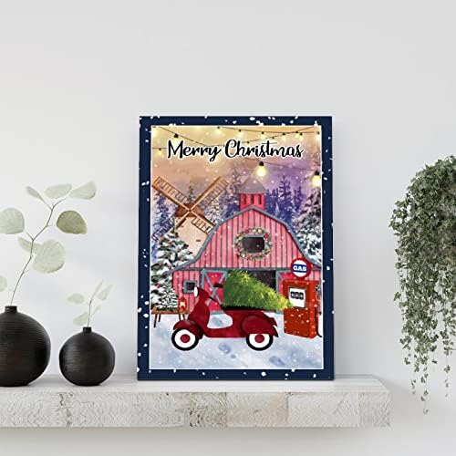 Божиќна бензинска пумпа Дрвена знак Зимска фарма Снежна дрво црвен камион дрво знак Плакета ретро здраво зимско дрво виси wallидно украсување