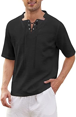 Машки за маички од памучна постелнина за маички со кратки ракави со кратки ракави за летни кошули со летни кошули плажа хипи за цртање чипка на врвови на врвови