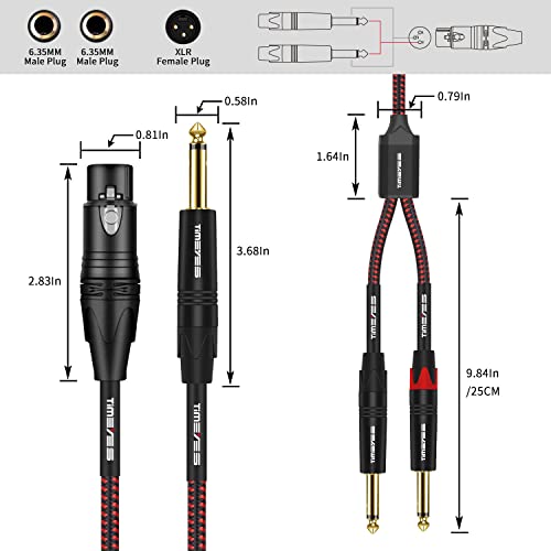 Timeyes четвртина инчи до XLR MIC Cable 1.6ft - XLR Femaleенски до двојно 6,35 mm TS Mono Audio Cable - Двојна 1/4 '' до XLR MIC Y