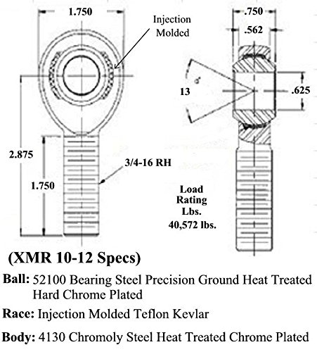 QS компоненти XMR 10-12, 5/8 x 3/4-16 Chromoly Teflon Kevlar Male Rh Rod End, Heim Schems Heims