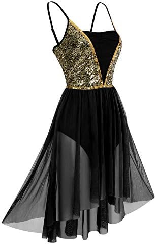 Одасдо жени сјајни секвенци шпагети каиш со висока ниска решетка лирски лирски танц фустан модерна современа танцувачка облека