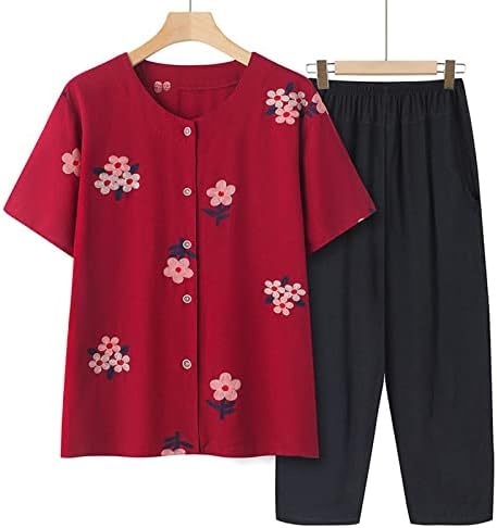 2 парчиња летни облеки за жени плус големина случајна лабава лабава постари жени салон поставуваат маици и панталони со кратки ракави