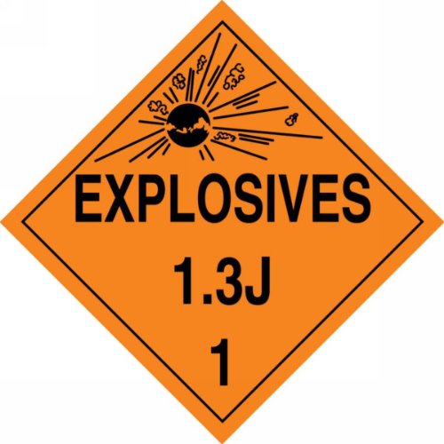 Accuform MPL124VP1 Пластична опасност Класа 1/Дивизија 3J Дот Плакард, „Експлозиви 1.3J 1“ со графички, 10-3/4 ширина x 10-3/4 должина, црна на портокалова боја