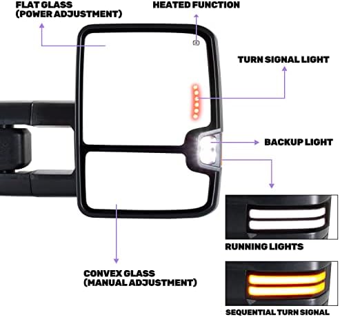 GLISTUNING Прекинувач Влечење Огледало за 2003-2007 Chevy Silverado; GMC Сиера СО LED Трчање Светло Секвенца Трепкач Сигнал