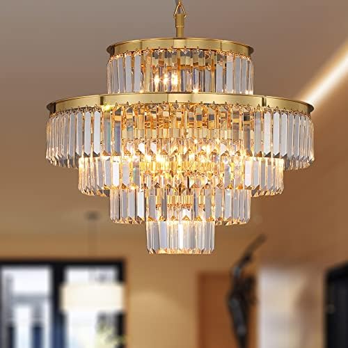DSRJ HOME Современ луксузен лустер за кристали, злато, висина од 24 ширина 20, 5 нивоа 13 светла, приврзова ламба за дневна