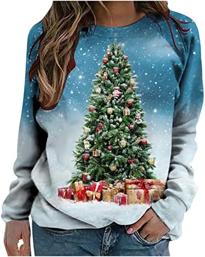 GATXVG 2022 Womenените Среќни Божиќни маички капка рамо на рамо со долги ракави, врвен елка за елка, лесен кошула со лесна лесна кошула