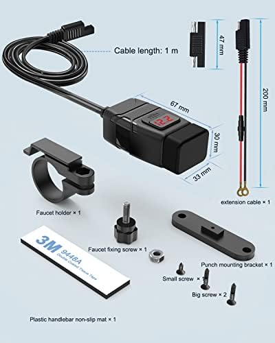USB полнач за мотоцикл ExtractMe, 6.8A Брзо полнење 3.0 Двојно USB моторцикл Телефонски полнач со Voltmeter & Onf/Off, Switch, водоотпорен