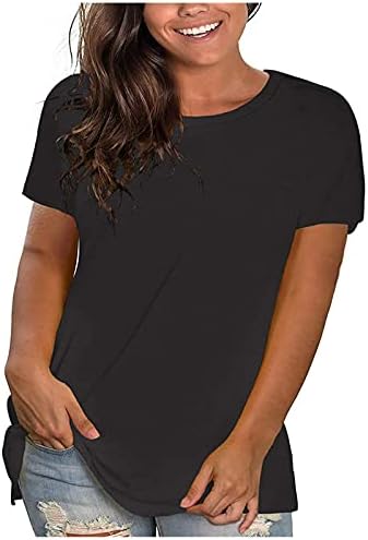 Плус големина лабава вклопена маица за жени со кратки ракави со кратки ракави на вратот, врвови со цврста боја, летни блузи, летни врвови