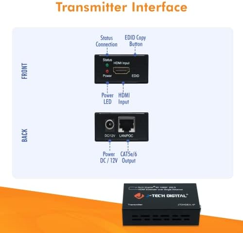 HDMI Extender 1080p 60Hz над единечна мачка 5E/6/7 POC до 200 стапки | Длабока боја, копија на ЕДИД, Гула на нула сигнал од J-Tech Digital