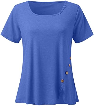 Womenените случајна цврста боја квадратна јака со краток ракав копче Неправилна облека од полите меки тенок врвови маица блуза